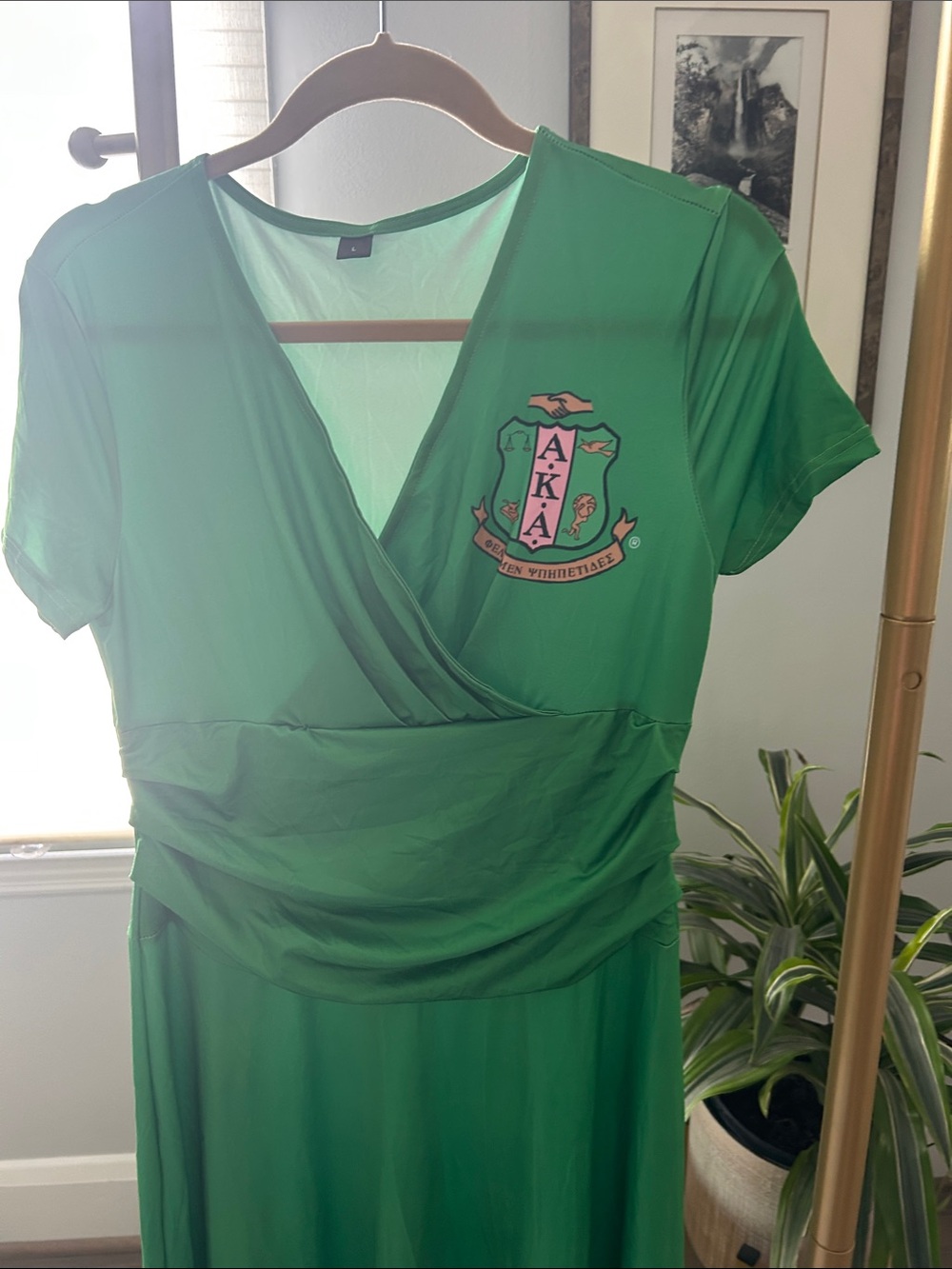 Green Wrap-Front Women’s Dress with Crest Detail